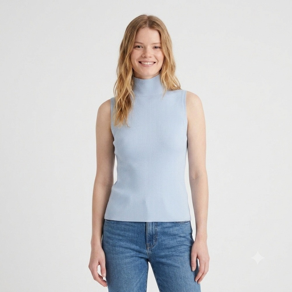 Madewell Top Womens Medium Merino Wool Silk Sweater Tank Mockneck Blue NS653